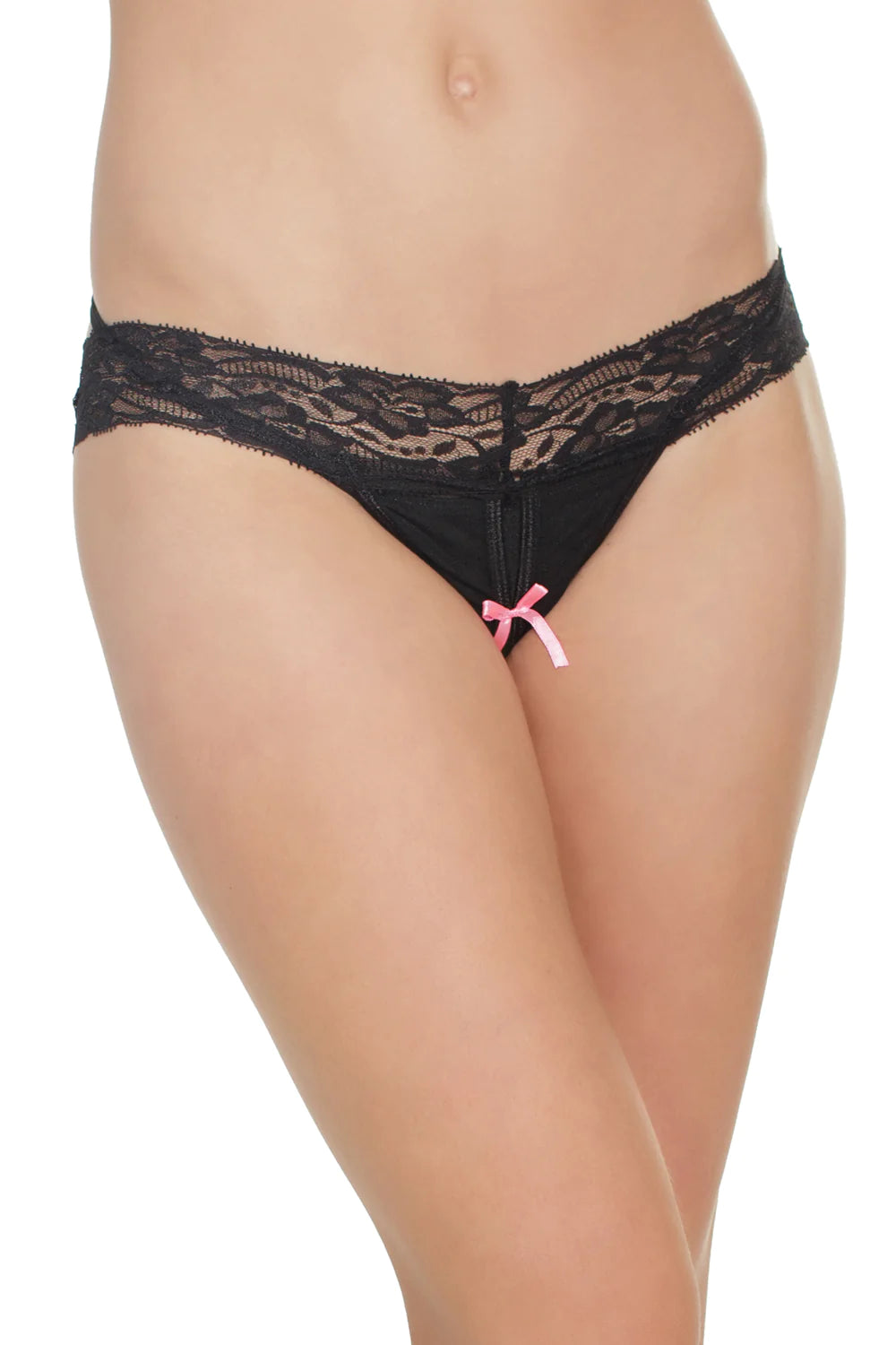 Crotchless Mesh and Lace Thong with Contrasting Pink Ribbon Bow