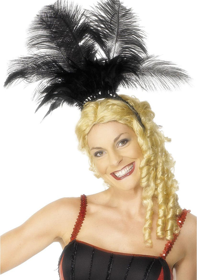 Cancan Girl Sequinned Black Feather Headpiece