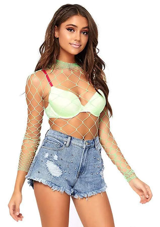 Pretty Please High Neck Long Sleeved Fence Net Bodysuit with Snap Crotch
