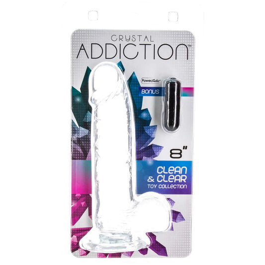 Crystal Addiction Clear 8" Dildo With Balls and Bonus Vibrating Bullet