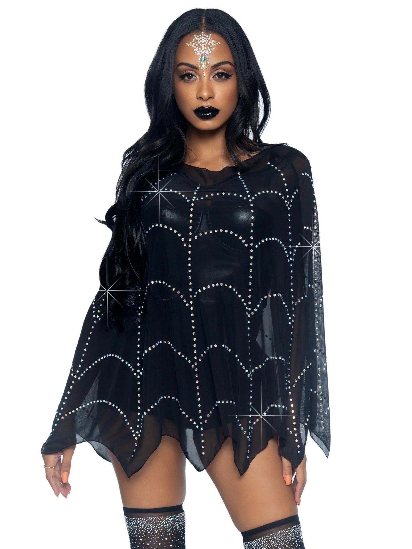 Sheer Mesh Rhinestone Spiderweb Poncho