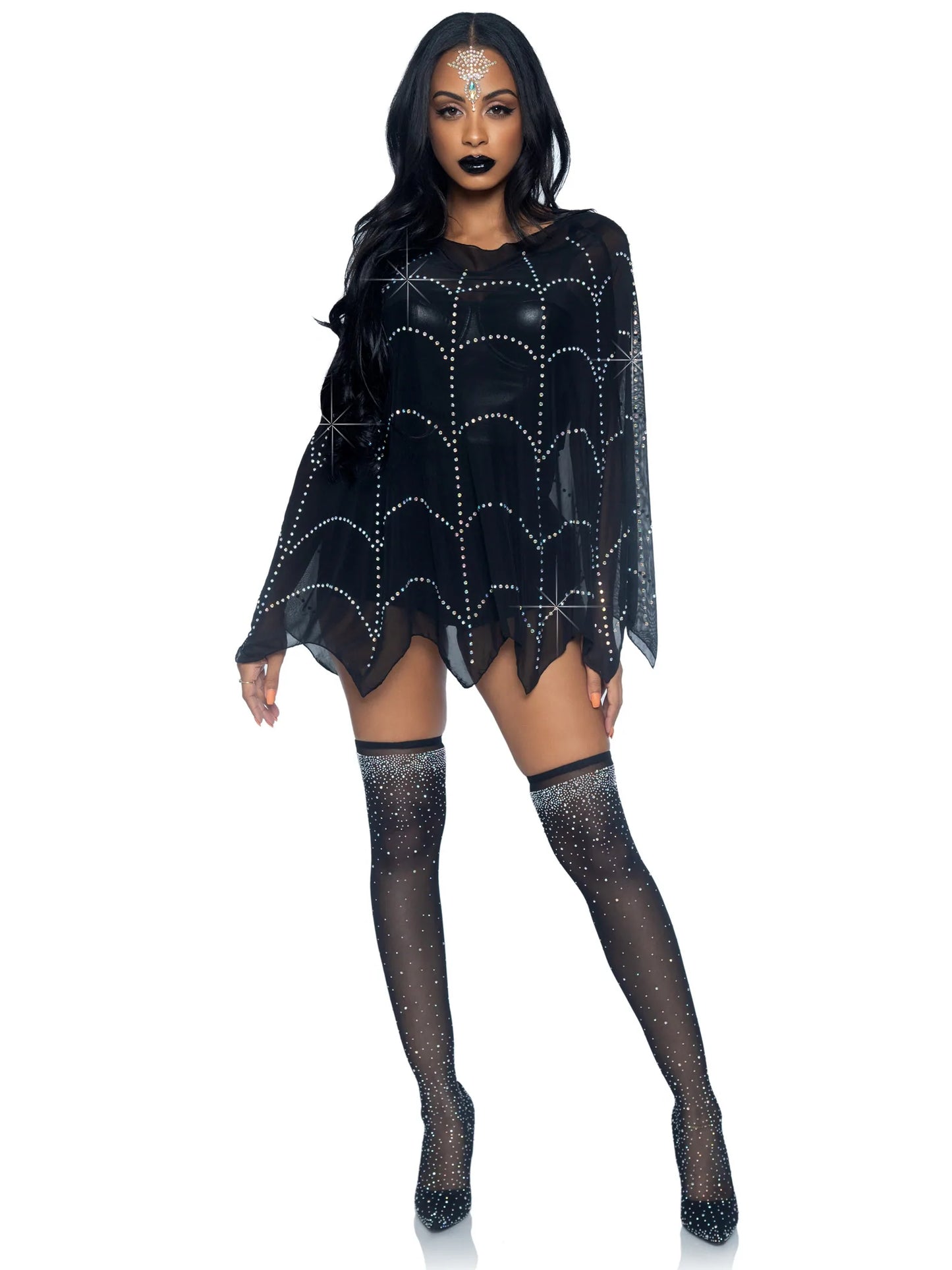 Sheer Mesh Rhinestone Spiderweb Poncho